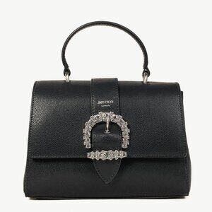Jimmy Choo Cheri Black Soft Grainy Leather Crystal-Buckle Top Handle Bag